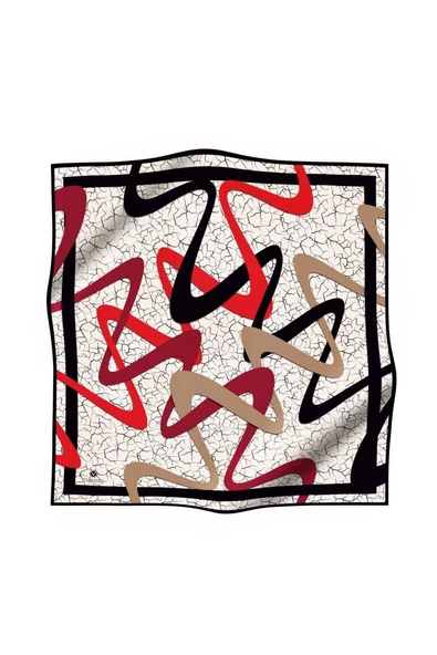 %100 Twill İpek Geometrik Ve Çatlak Desenli Bordo - Siyah Renkli 90x90 Eşarp Dikim Şekli : El Dikişi - Resim 2
