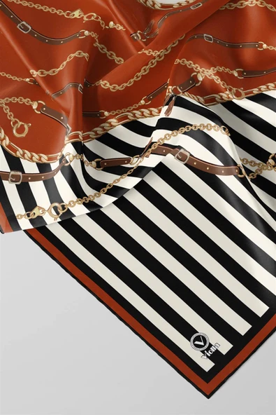 Twill Çizgili Zincir ve Kemer Desenli Taba Renkli 90x90 Eşarp (İpek İçermez) Kenar Dikiş Şekli El Dikişli - Resim 2