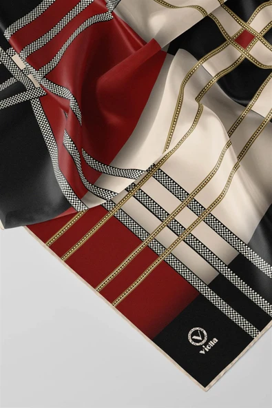 Twill Geometrik Desenli Siyah - Bordo Renkli 90x90 Eşarp (İpek İçermez) Kenar Dikiş Şekli El Dikişli - Resim 3