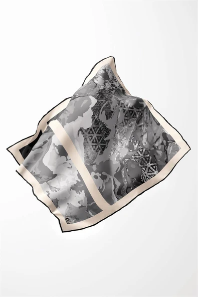 Twill Etnik ve Batik Desenli Gri Renkli 90x90 Eşarp (İpek İçermez) Dikim Şekli : El Dikişi - Resim 3
