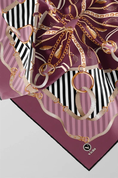 Twill Zincirli Ve Kemer Desenli Pembe Renkli 90x90 Eşarp (İpek İçermez) Kenar Dikiş Şekli El Dikişli - Resim 3