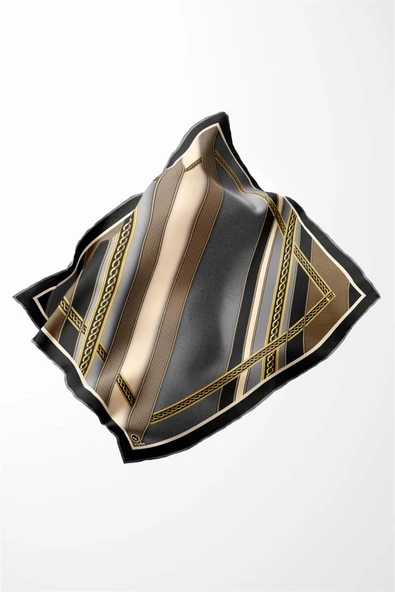 Twill Gold Çerçeveli Renkli Şerit Desenli Gri - Bej Renkli 90x90 Eşarp (İpek İçermez) Dikim Şekli : El Dikişi - Resim 3