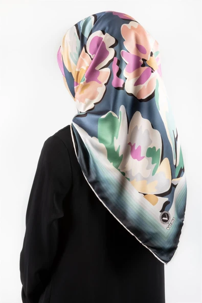 Rayon Büyük Çiçekli Petrol Yeşili Renkli 90x90 Eşarp (İpek İçermez) Kenar Dikiş Şekli El Dikişli ürün görseli 1