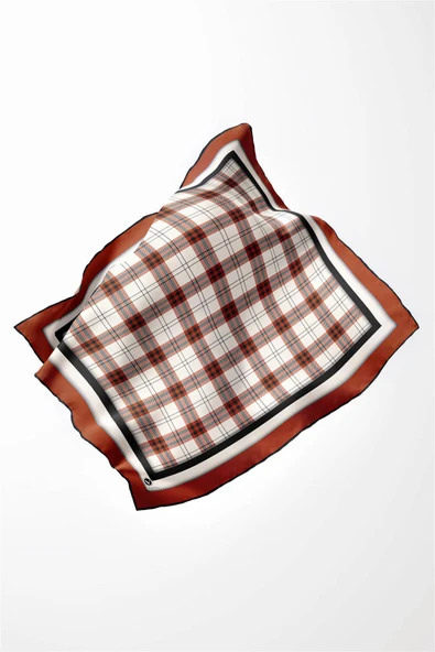 Twill Ekose Desenli Taba Renkli 90x90 Eşarp (İpek İçermez) Kenar Dikiş Şekli El Dikişli - Resim 3