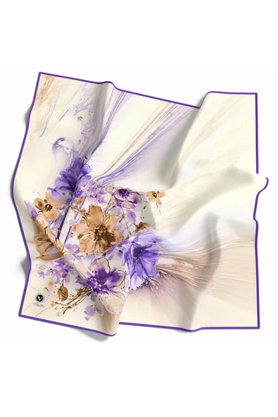 Twill Çiçek Desenli Mor Renkli 90x90 Eşarp (İpek İçermez) Kenar Dikiş Şekli El Dikişli ürün görseli