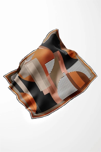 Twill Çizgili Ve Geometrik Desenli Taba Renkli 90x90 Eşarp (İpek İçermez) Kenar Dikiş Şekli El Dikişli - Resim 3