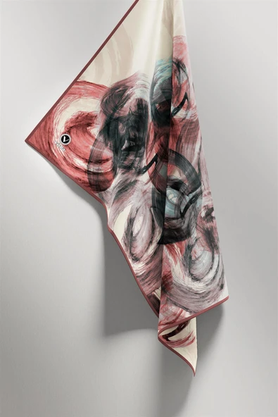 Twill Fırça Efektli Desenli Pudra Renkli 90x90 Eşarp (İpek İçermez) Kenar Dikiş Şekli El Dikişli - Resim 5