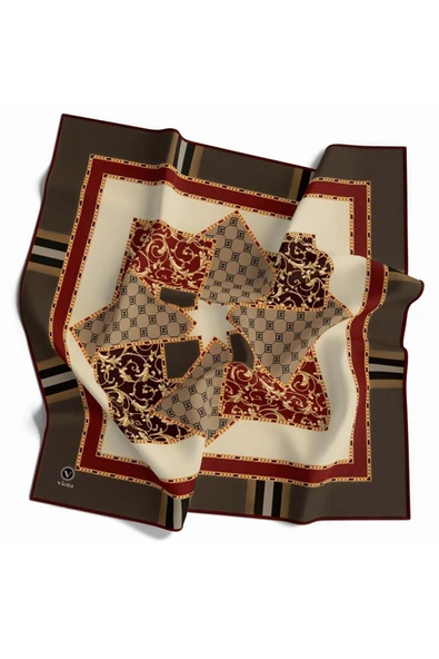 Kristal Ekoseli Gold Desenli Vizon - Bordo Renkli 90x90 Eşarp (İpek İçermez) Kenar Dikiş Şekli El Dikişli ürün görseli