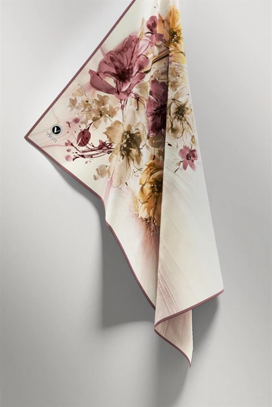 Twill Çiçek Desenli Gül Kurusu Renkli 90x90 Eşarp (İpek İçermez) Kenar Dikiş Şekli El Dikişli - Resim 4
