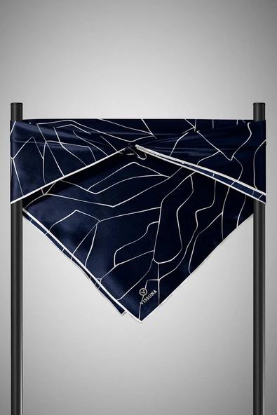 %100 Twill İpek Çizgi Desenli Lacivert - Krem Renkli 90x90 Eşarp Dikim Şekli : El Dikişi - Resim 3