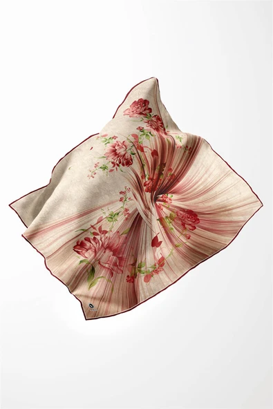 Twill Çiçekli Desenli Bordo Renkli 90x90 Eşarp (İpek İçermez) Kenar Dikiş Şekli El Dikişli - Resim 3