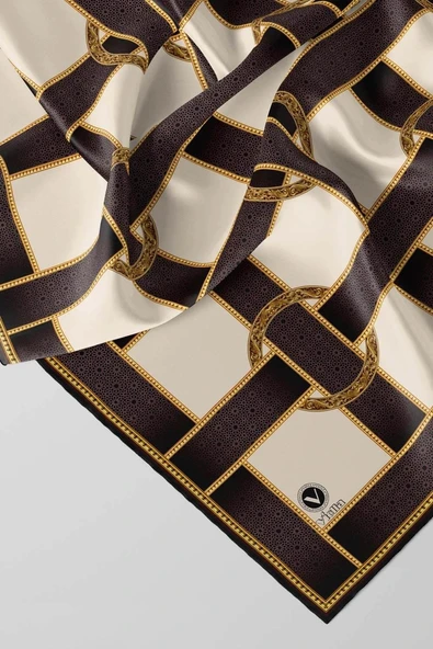 Twill Kemer Desenli Bej Renkli 90x90 Eşarp (İpek İçermez) Dikim Şekli : El Dikişi - Resim 3