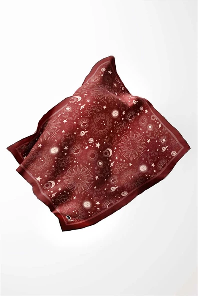 Twill Galaksi Desenli Bordo Renkli 90x90 Eşarp (İpek İçermez) Dikim Şekli : El Dikişi - Resim 4