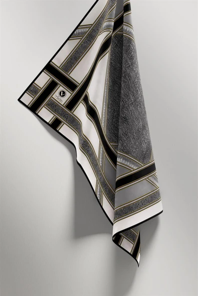 Twill Bordür Taş Desenli Gri Renkli 90x90 Eşarp (İpek İçermez) Kenar Dikiş Şekli El Dikişli - Resim 5