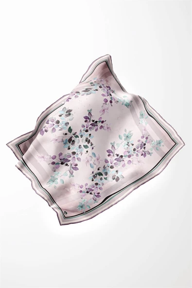 Twill Çiçek Desenli Lila Renkli 90x90 Eşarp (İpek İçermez) Kenar Dikiş Şekli El Dikişli - Resim 4