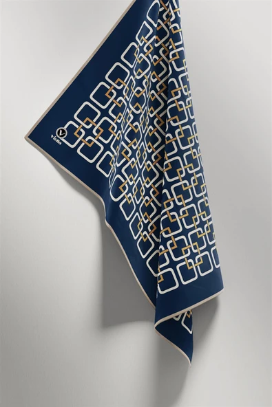 Twill Geometrik Desenli Lacivert Renkli 90x90 Eşarp (İpek İçermez) Kenar Dikiş Şekli El Dikişli - Resim 4