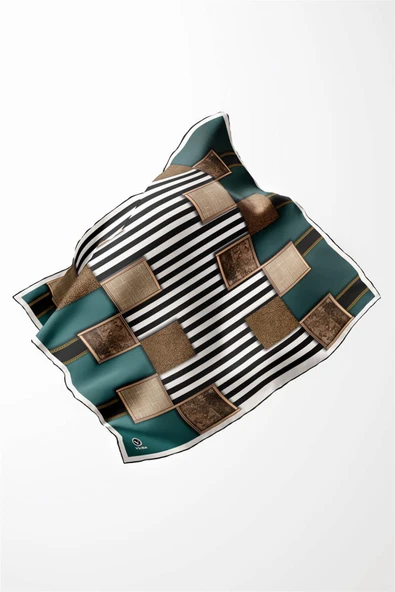 Twill Geometrik Ve Çizgili Desenli Petrol Yeşili Renkli 90x90 Eşarp (İpek İçermez) Dikim Şekli : El Dikişi - Resim 3