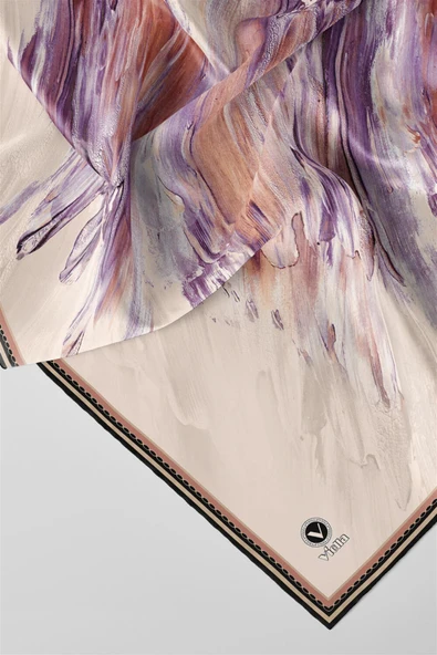 Twill Fırça Darbesi Desenli Somon Renkli 90x90 Eşarp (İpek İçermez) Dikim Şekli : El Dikişi - Resim 2