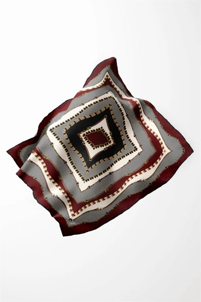 Twill Bordürlü ve Zincir Desenli Bordo Renkli 90x90 Eşarp (İpek İçermez) Kenar Dikiş Şekli El Dikişli - Resim 3