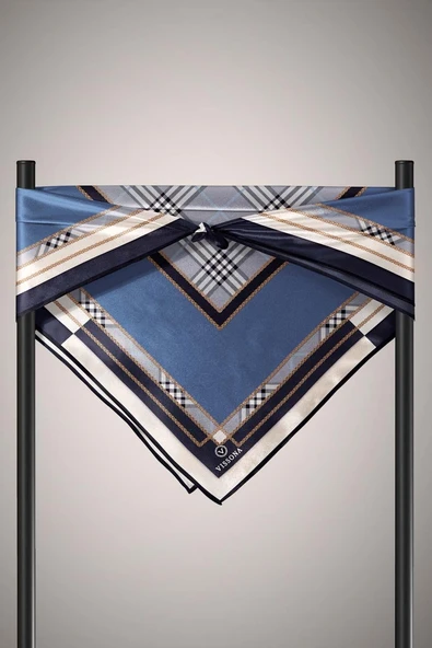 %100 Twill İpek Ekose Desenli İndigo Renkli 90x90 Eşarp Dikim Şekli : El Dikişi - Resim 5