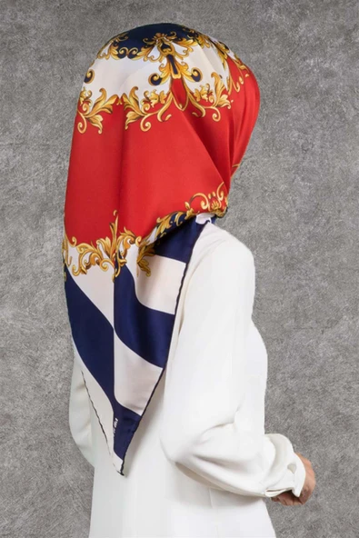 Twill Çizgili Barok Desenli Lacivert - Kırmızı Renkli 90x90 Eşarp (İpek İçermez) ürün görseli