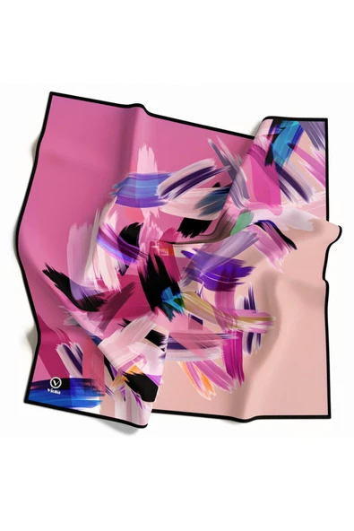 Twill Fırça Desenli Pembe Renkli 90x90 Eşarp (İpek İçermez) Kenar Dikiş Şekli El Dikişli - Resim 5
