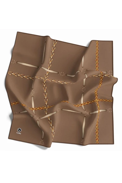 Twill Zincir ve Kemer Desenli Bej Renkli 90x90 Eşarp (İpek İçermez) Kenar Dikiş Şekli El Dikişli ürün görseli