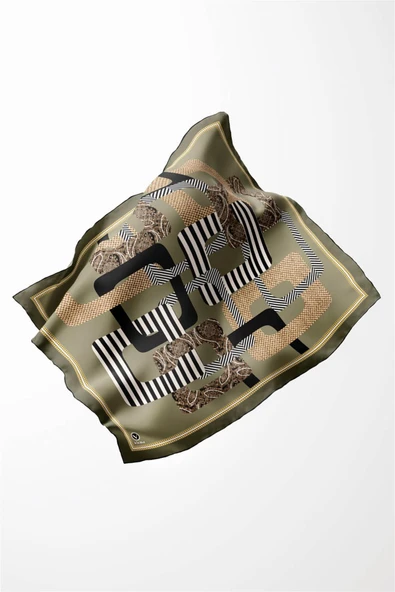 Twill Geometrik Desenli Haki Renkli 90x90 Eşarp (İpek İçermez) Kenar Dikiş Şekli El Dikişli - Resim 3