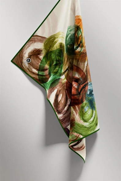 Twill Fırça Efektli Desenli Zümrüt Yeşili Renkli 90x90 Eşarp (İpek İçermez) Kenar Dikiş Şekli El Dikişli - Resim 5