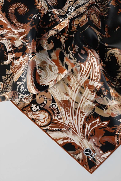 Twill Şal Desenli Taba Renkli 90x90 Eşarp (İpek İçermez) Kenar Dikiş Şekli El Dikişli - Resim 2