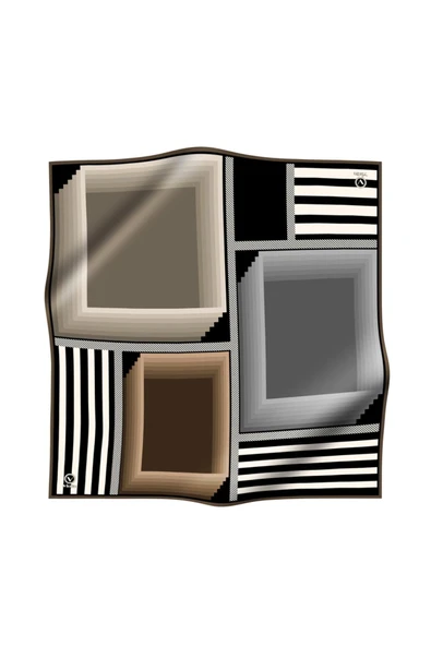 Twill Geometrik Desenli Vizon Renkli 90x90 Eşarp (İpek İçermez) Kenar Dikiş Şekli El Dikişli - Resim 2