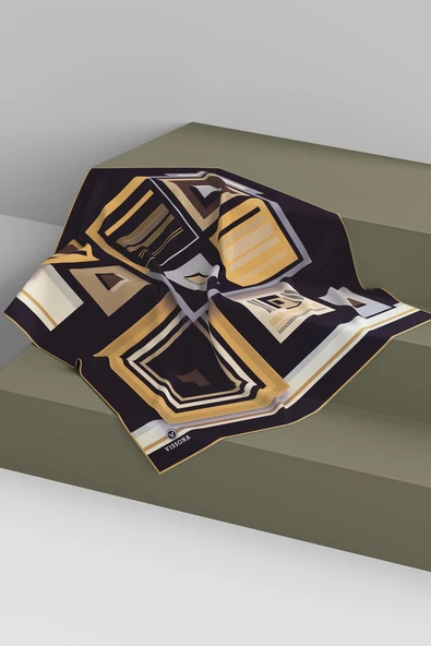 %100 Twill İpek Kare Desenli Siyah - Gold Renkli 90x90 Eşarp Kenar Dikiş Şekli El Dikişli - Resim 6