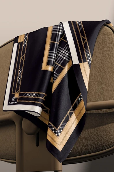 %100 Twill İpek Ekose Desenli Gold Renkli 90x90 Eşarp Dikim Şekli : El Dikişi - Resim 3