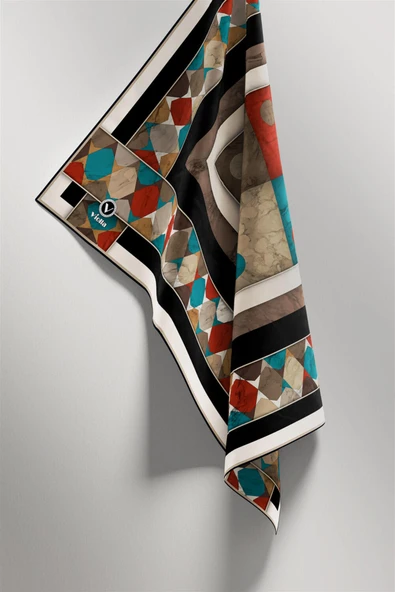 Twill Geometrik Mermer Desenli Siyah Renkli 90x90 Eşarp (İpek İçermez) Kenar Dikiş Şekli El Dikişli - Resim 4