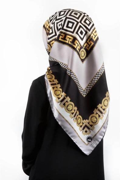 Twill Çizgili Barok Desenli Gümüş Renkli 90x90 Eşarp (İpek İçermez) Kenar Dikiş Şekli El Dikişli ürün görseli