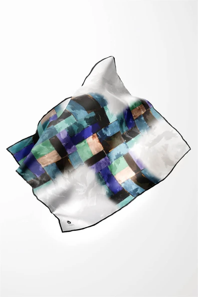 Twill Yağlı Boya Desenli İndigo Renkli 90x90 Eşarp (İpek İçermez) Kenar Dikiş Şekli El Dikişli - Resim 4