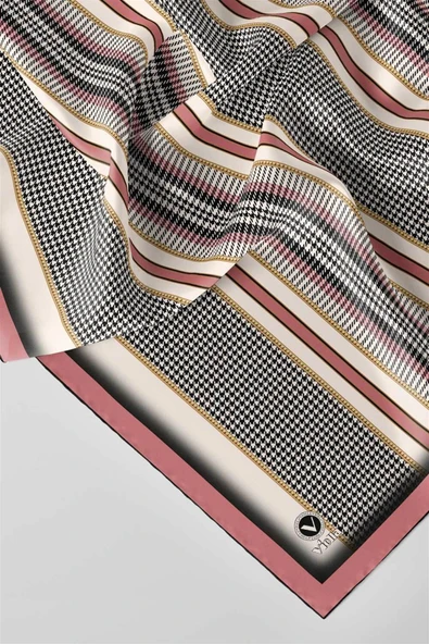 Twill Kazayaklı Şerit Desenli Pudra Renkli 90x90 Eşarp (İpek İçermez) Kenar Dikiş Şekli El Dikişli - Resim 2