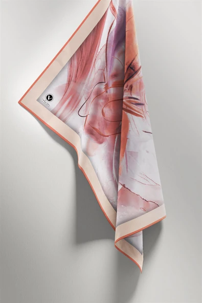 Twill Çiçek Tablo Desenli Somon Renkli 90x90 Eşarp (İpek İçermez) Kenar Dikiş Şekli El Dikişli - Resim 4