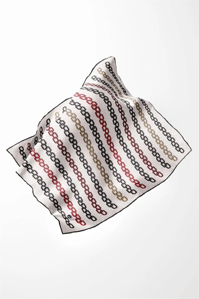 Twill Zincir Desenli Krem - Bordo Renkli 90x90 Eşarp (İpek İçermez) Kenar Dikiş Şekli El Dikişli - Resim 5
