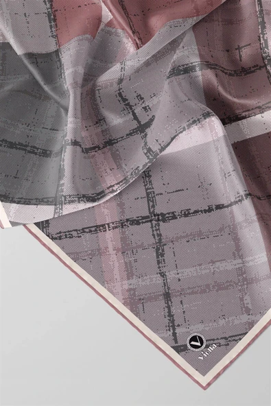 Twill Eskitme Desenli Pudra Renkli 90x90 Eşarp (İpek İçermez) Kenar Dikiş Şekli El Dikişli - Resim 2