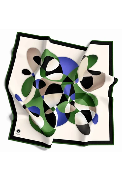 Twill Geometrik Desenli Zümrüt Yeşili - Saks Renkli 90x90 Eşarp (İpek İçermez) Kenar Dikiş Şekli El Dikişli ürün görseli