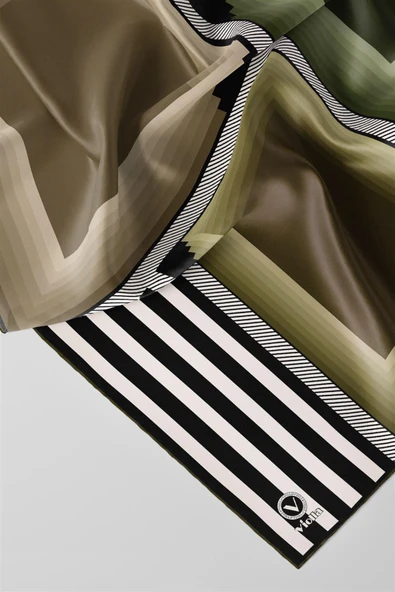 Twill Geometrik Desenli Haki Renkli 90x90 Eşarp (İpek İçermez) Kenar Dikiş Şekli El Dikişli - Resim 2