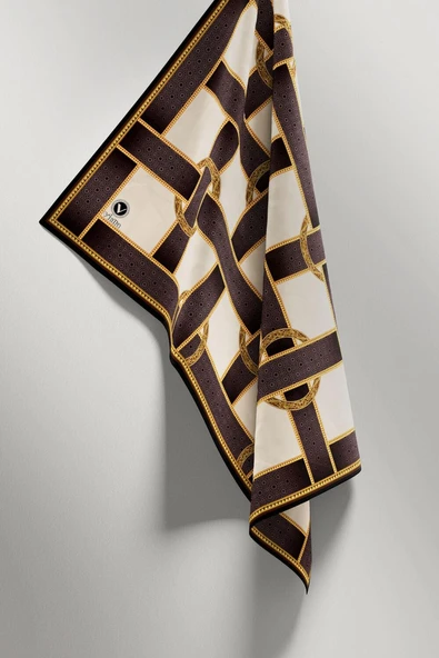 Twill Kemer Desenli Bej Renkli 90x90 Eşarp (İpek İçermez) Dikim Şekli : El Dikişi - Resim 5