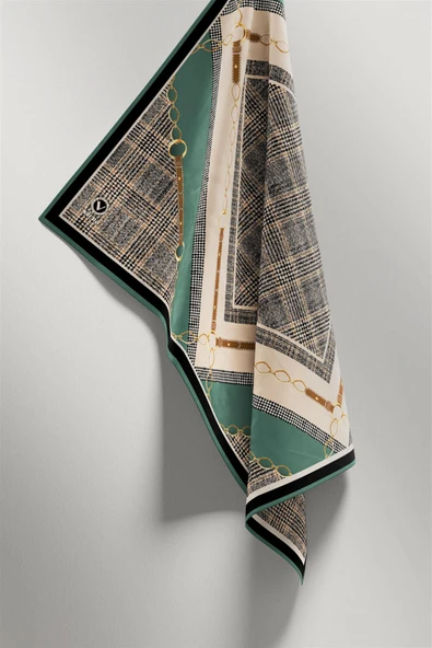 Twill Kemer ve Zincir Detaylı Ekose Desenli Petrol Yeşili Renkli 90x90 Eşarp (İpek İçermez) Kenar Dikiş Şekli El Dikişli - Resim 5