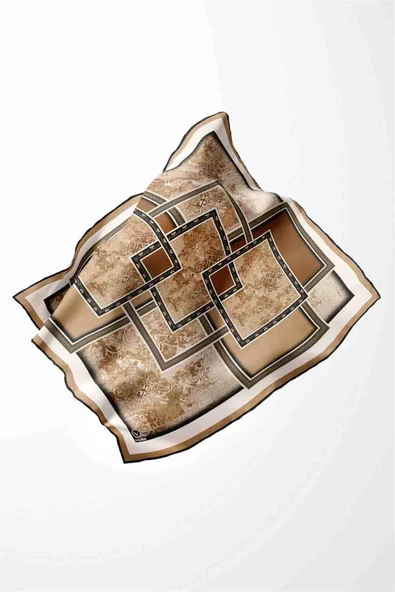 Twill Geometrik Desenli Hardal Renkli 90x90 Eşarp (İpek İçermez) Kenar Dikiş Şekli El Dikişli - Resim 4