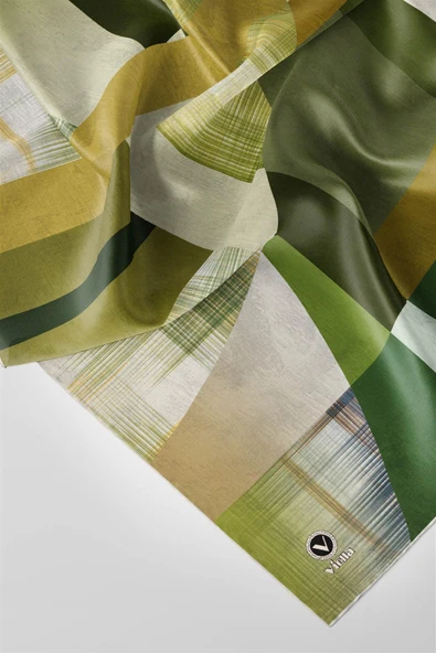 Twill Geometrik Desenli Haki Renkli 90x90 Eşarp (İpek İçermez) Kenar Dikiş Şekli El Dikişli - Resim 3