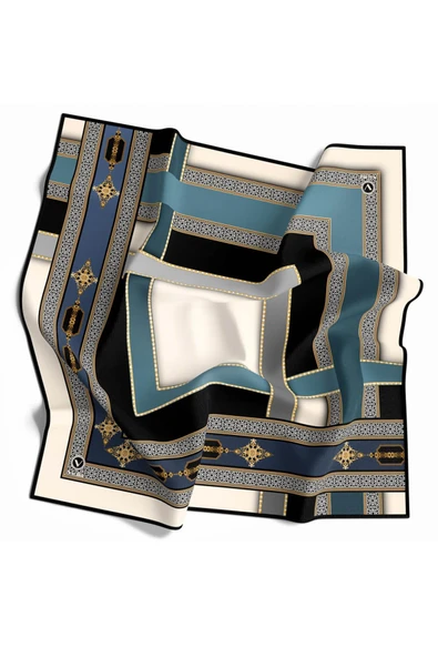 Twill Gold Detaylı ve Antik Motif Desenli İndigo Renkli 90x90 Eşarp (İpek İçermez) Kenar Dikiş Şekli El Dikişli - Resim 2