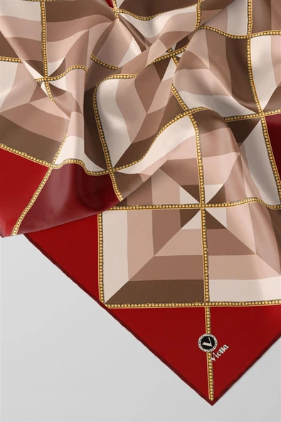 Twill Geometrik Desenli Bordo Renkli 90x90 Eşarp (İpek İçermez) Kenar Dikiş Şekli El Dikişli - Resim 2