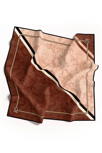 Twill Mermer Desenli Taba Renkli 90x90 Eşarp (İpek İçermez) Kenar Dikiş Şekli El Dikişli - Resim 3