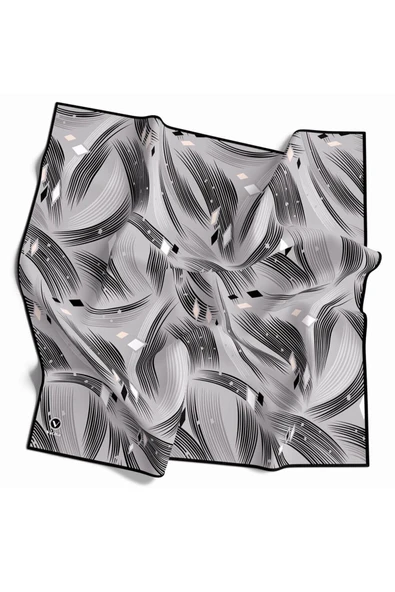 Rayon Geometrik Çizgili Desenli Gri Renkli 90x90 Eşarp (İpek İçermez) Kenar Dikiş Şekli El Dikişli ürün görseli